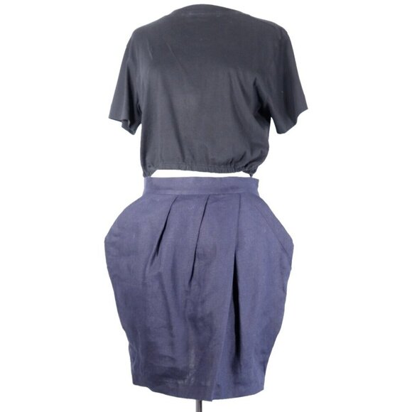 Valerie Dumaine Women's Small Navy Blue Linen Mini Skirt Fishtail With Pockets - Picture 1 of 6